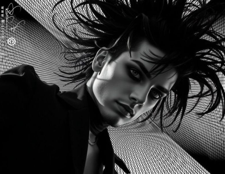 Black and white image shows a man with goth-like style against a psychedic Moiré patterned background.