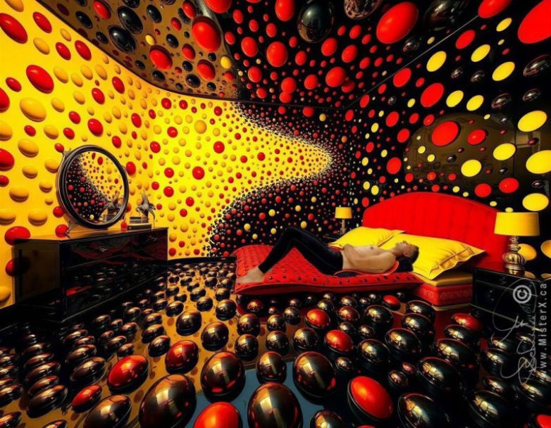 A man is seen laying on a bed in a bedroom which is made from black, red, and yellow spheres.