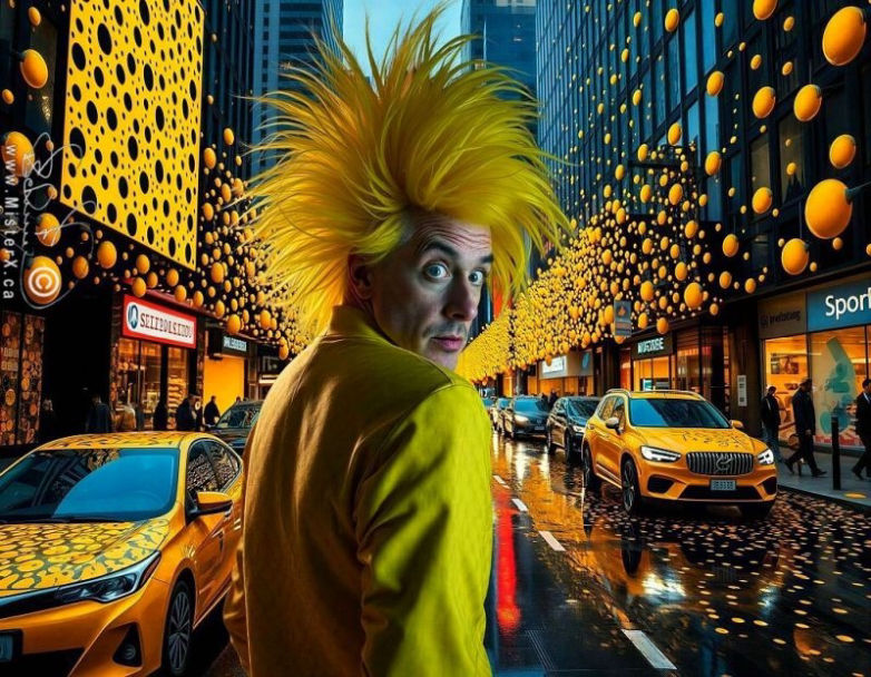 A man with huge yellow hairdo has surprised look on his face and is seen on a busy downtown street.