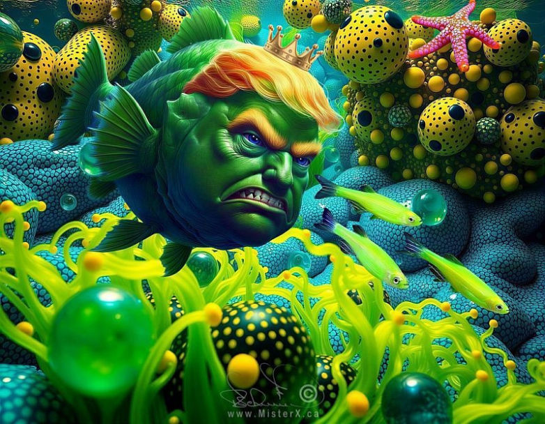 An angry green fish with Donald Trump's face chases frightened smaller fish around the aquarium.