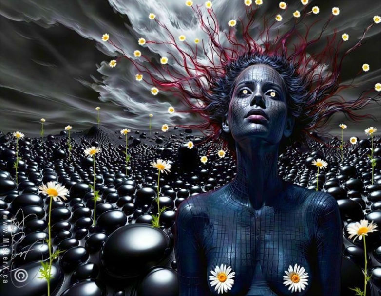 A dark skinned woman with daisies for eyes and covering her breasts has daisy flowers growing from her head and is in a dark dystopian landscape covered in daisies.