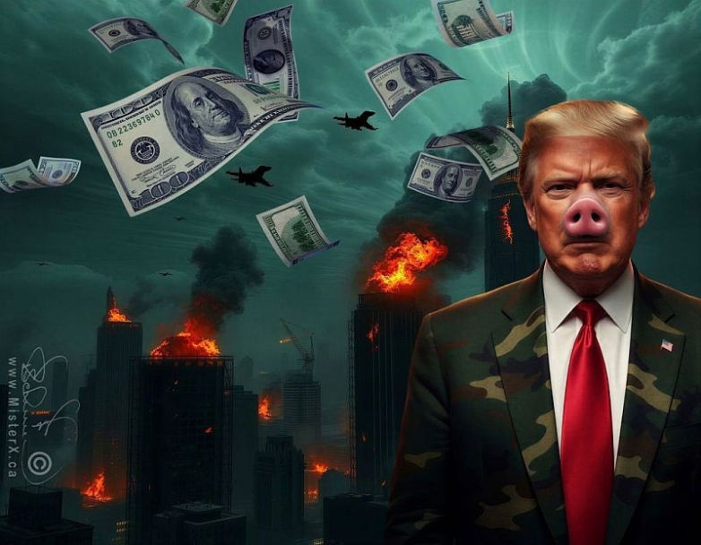 Hundred dollae bills fall against a burning city backdrop featuring Donald Trump with a pig's snout.