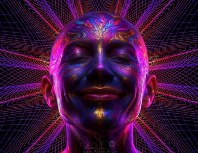 Smiling face with closed eyes set in front of a blue and purple mandala.