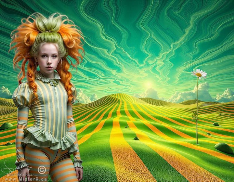 A girl with huge orange and green haido wears a striped outfit amongst rolling hills of yellow and green stripes.