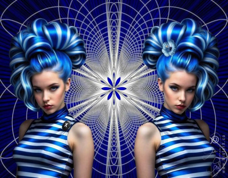 A detailed blue and white mandala sets the background for 2 identical symetrical girls who have blue and white striped hairdos and clothing.