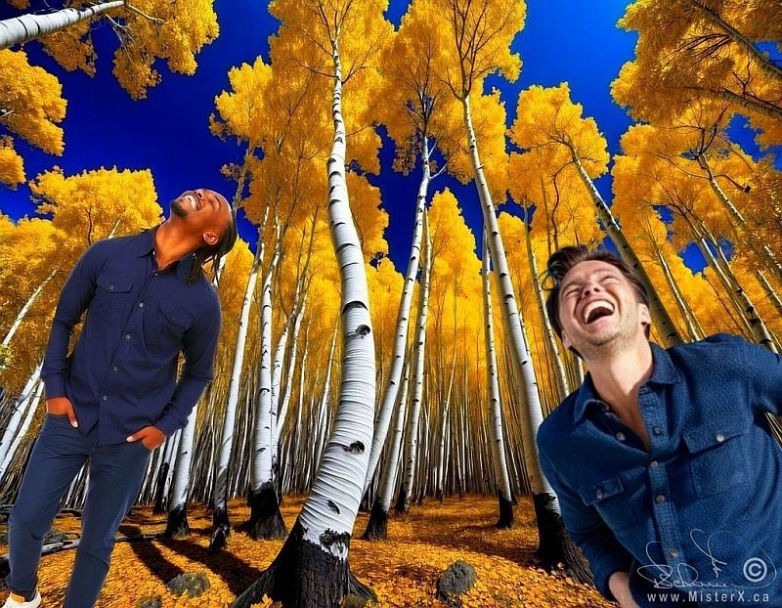 Two laughing men dressed in blue are seen in a forest of birch trees with vivid excessive colours.