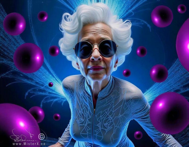 An old woman in tight shirt is seen in a dramatic blue background with several purple spheres.