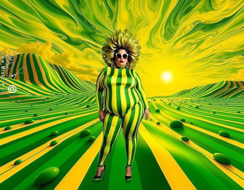 A stylish plus sized woman is seen wearing a green and yellow striped spandex outfit in a matching landscape.