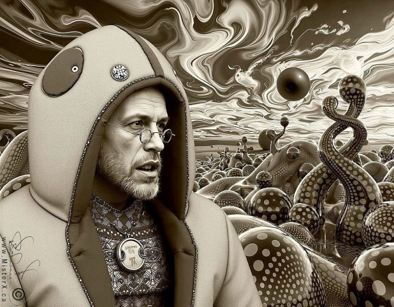 Browning colourless photo shows a man in quilted hoody amongst a strange landscape consisting of spotted dimensional shapes and sky with wispy clouds.