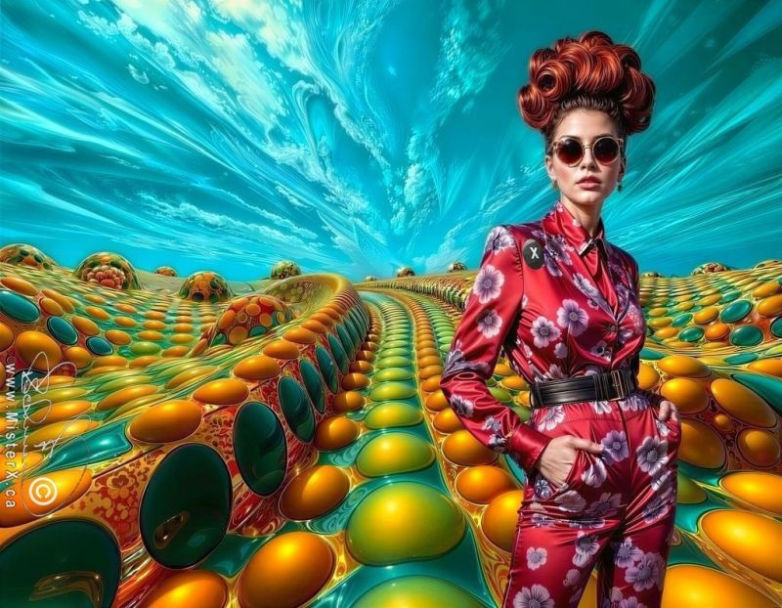 A fashionable beatiful woman wearing a floral patterned pants suit is seen under a blue sky filled with wispy clouds. the surroundings are composed of turquois and golden oval shapes seen going off into the fistance.