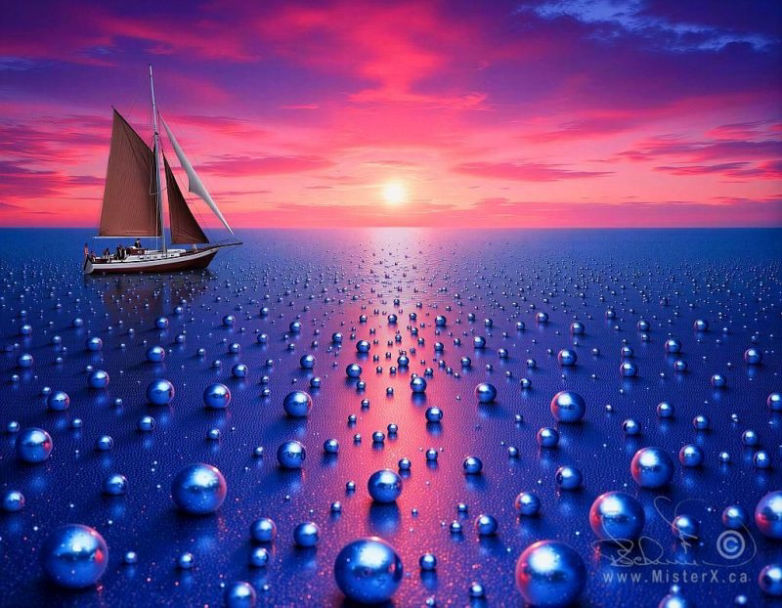 A sailboat is seen floating upon a sea covered in shiny reflective orbs during a spectacular sunset.