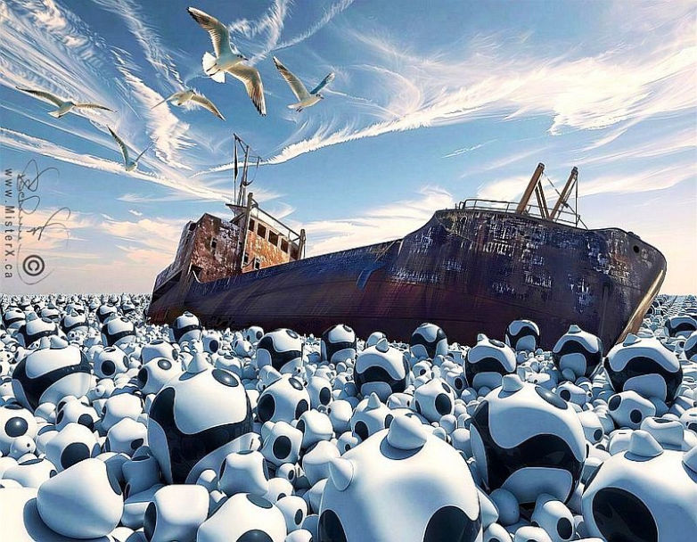 A rusted shipwreck sits under a sunny sky, gulls flying overhead, in a sea composed of black and white lumps.