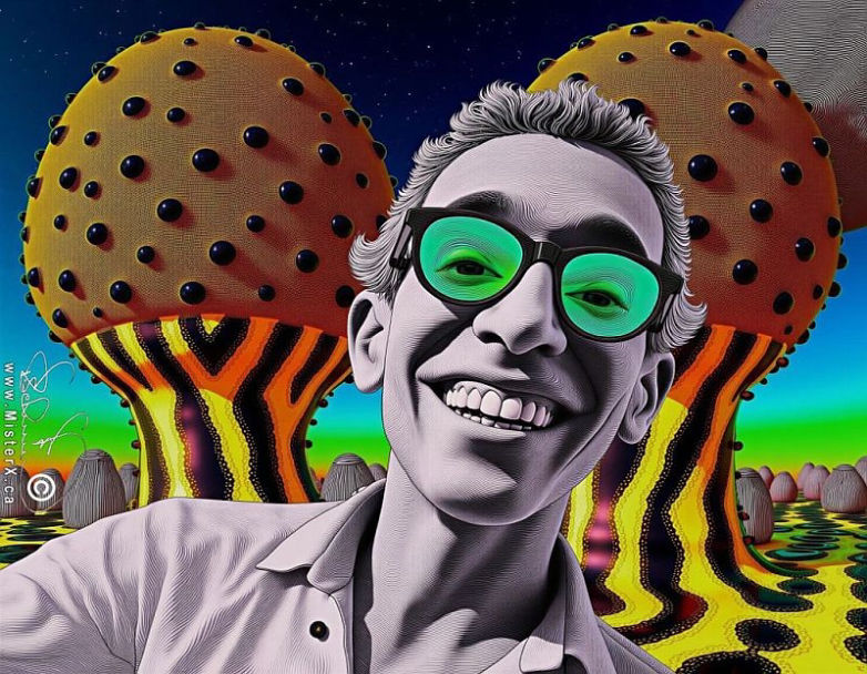 Smiling colorless cartoonish man is seen in front of a surreal black and yellow landscape with green and blue sky. Psychedelic.