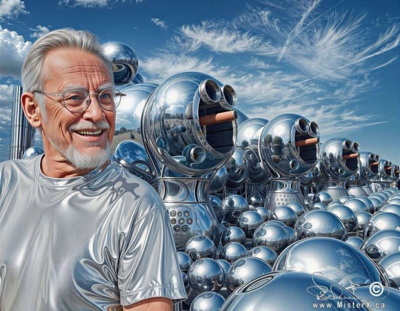 Older gentleman in shiny silver shirt is seen beside chromed robotic faces that go off into the distance.