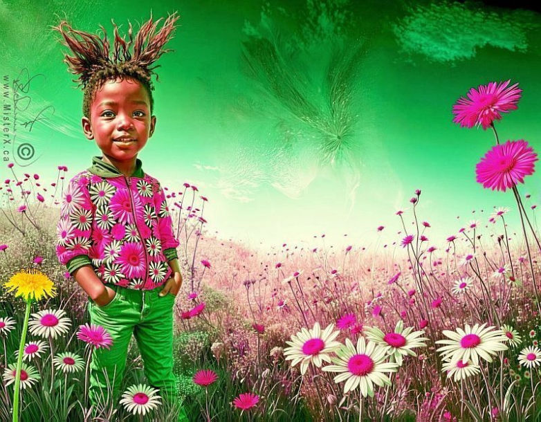 Adorable smiling young boy is seen in a meadow full of flowers with distorted bright colours. Cheerful and happy.