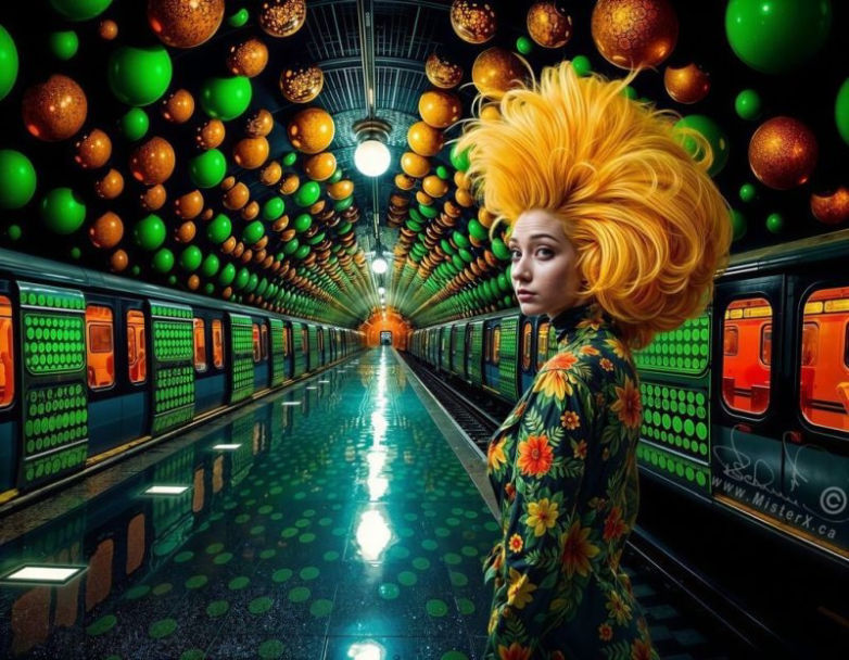 A woman in a floral dress has huge yellow hairdo and is looking over her shoulder at the viewer. She is seen in a shiny surreal subway station.