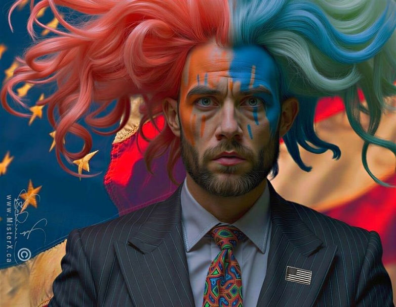 A man in a pin-striped suit has huge improbable hairdo in various shades and a painted face. He is seen in front of an American flag.