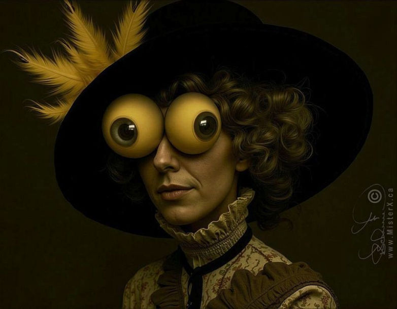 Old fashioned photograph of woman with huge misshapen eyes wearing a lacy dress and hat with feathers.