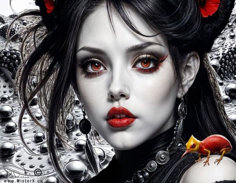 A woman with striking red eyes can be seen looking at the viewer. A strange bird-insect hybrid is sitting on her shoulder.