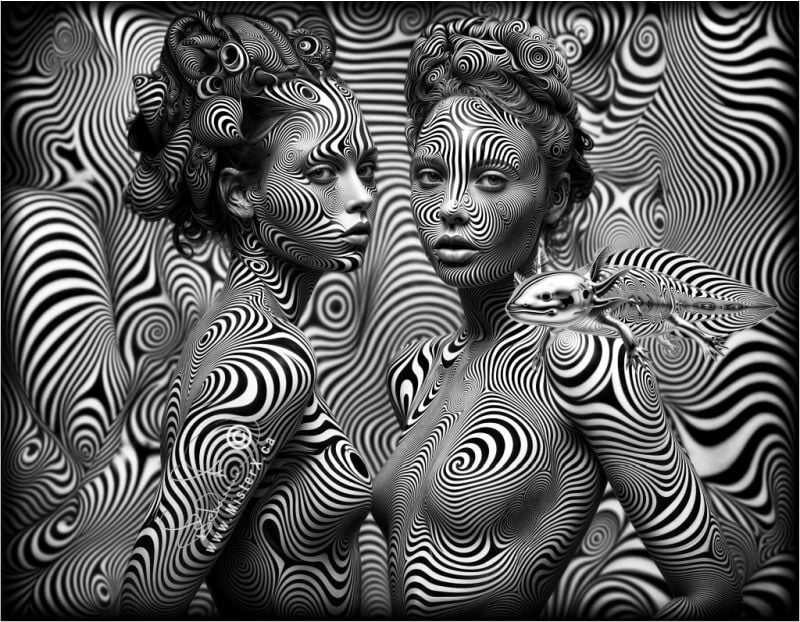 Two artistic female figures made of black and white optical illusions stand in a surreal, mind-bending environment completely comprised of swirling, striped patterns. They have identical patterns covering their faces, hair and bodies. The figure on the right has a shiny, chrome-like axolotl crawling on her shoulder. The background is also a black and white striped optical illusion.
