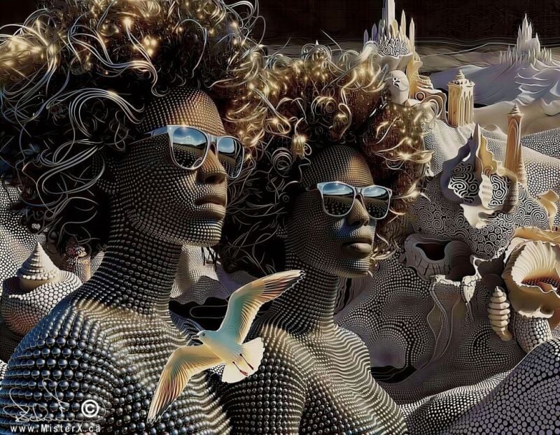 2 African women wearing shiny reflective sunglasses are seen in a surreal world of sand and circles.