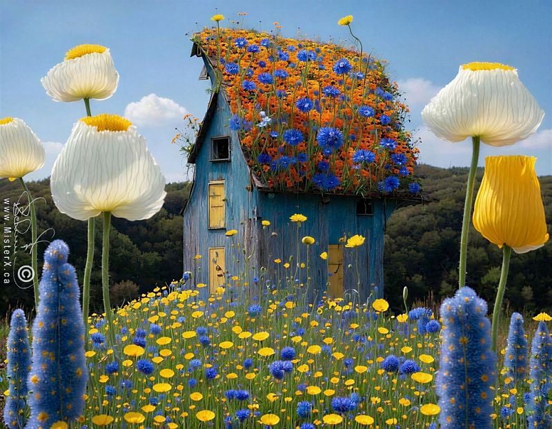 Surreal image of an old blue barn with a roof growing flowers out of it. Scene shot from a camera angle from the overgrown garden view.