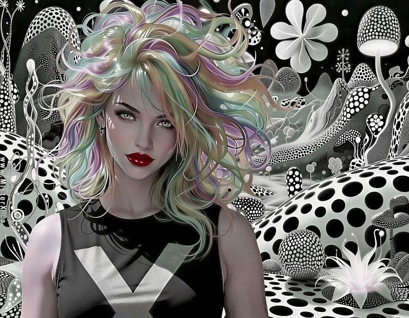 A beautiful young woman with pastel rainbow hair is wearing a black sleeveless shirt with a large letter "X". The background is a black and white spotted landscape that is cartoon-like.