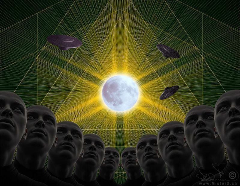 Two rows of identical robot-like men line the bottom of this futuristic sci-fi image. The sky consists on green line art with a glowing moon in the middle and 3 UFO/UAP saucers are seen.