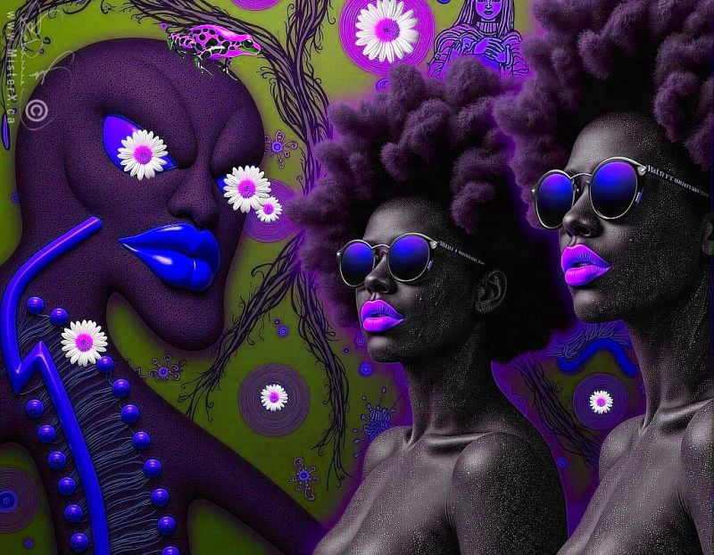 Three stylized African individuals appear in a psychedelic purple and blue environment containing colour distorted daisy flowers and a poisonous frog.