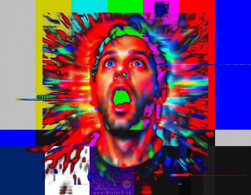 A pixilated RGB shocked male face looks up and is superimposed over a television test screen. 