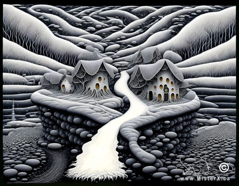 A frozen river runs through the middle of a village that is set upon a rocky pedistal in a harsh cold looking back drop.
