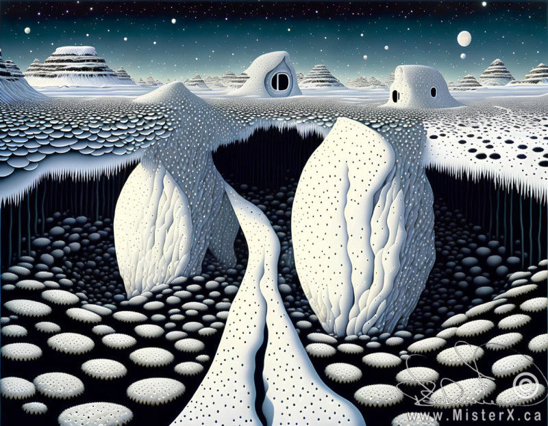 An entrance to an underground cave is seen set against an arctic setting of snow, rocks, and strange buildings.