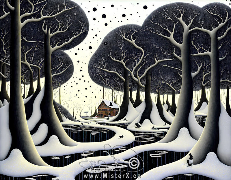 A wintery scene with dark trees and melting snow drifts in the foreground, and a château-like building in the distance.