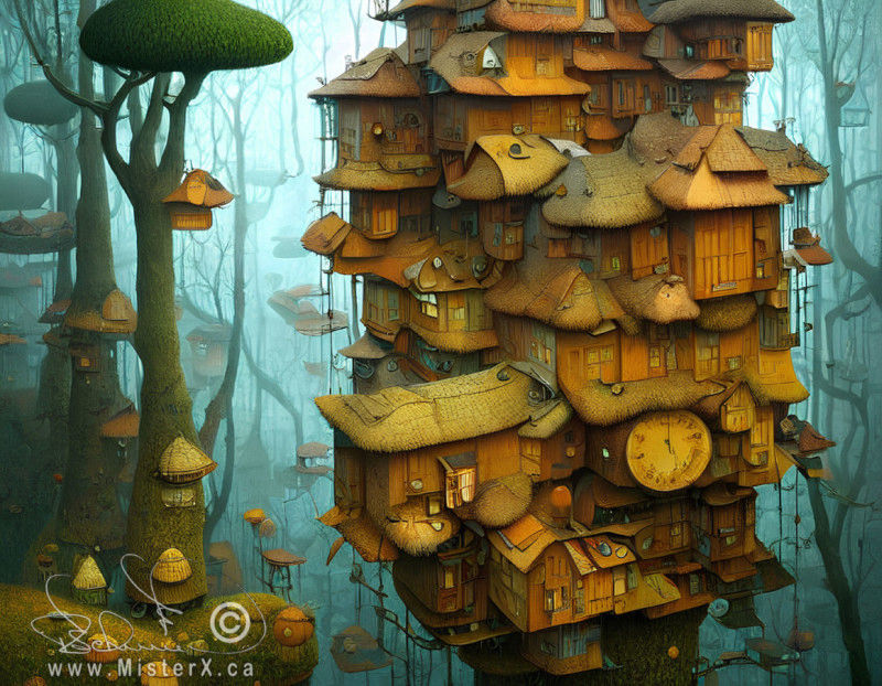 A misty forest scene showing buildings attached to the tree trunks. A commentary on deforestation and over population.