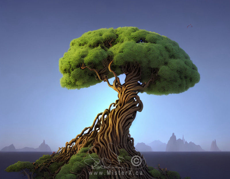 A wind swept tree is in the foreground, back lit and set against an ocean scene in the background with mountains on the horizon.
