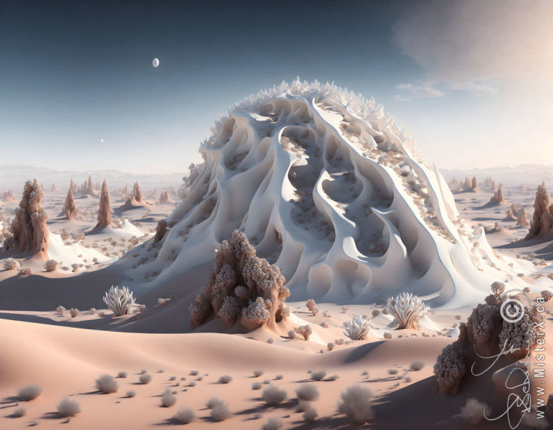 An alien landsape filled with sand, a few tumbleweed like plants, and many eroded rocky outcrops.