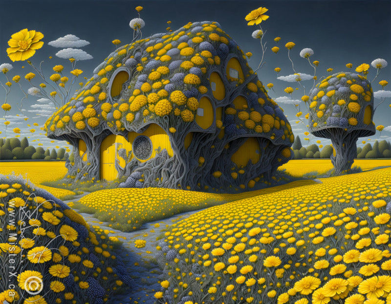 A field filled with marigold flowers. In the center sits a small house covered in marigold flowers, while marigold flowers float in the sky.