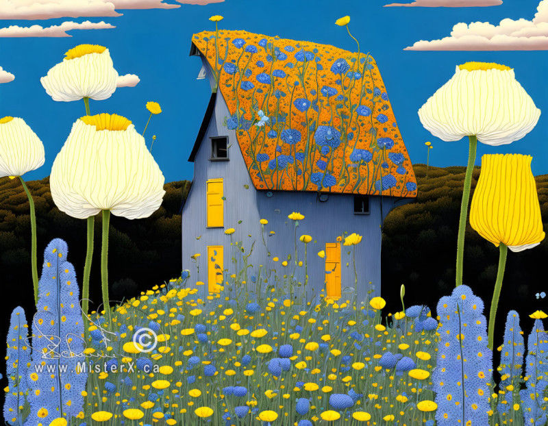 An old blue barn sits in a field of flowers, it's roof is covered in plants.