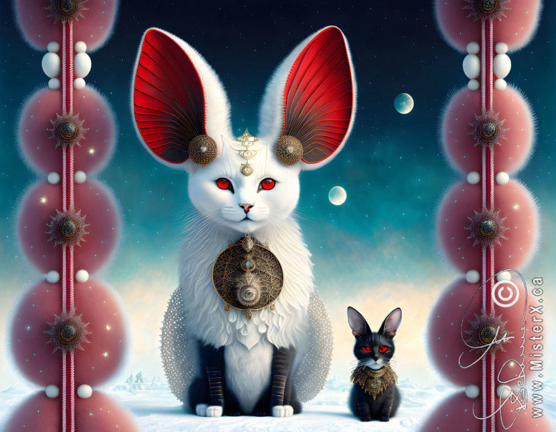 A large white cat with huge red ears is sitting beside a small black cat about a tenth of its size. Both cats have piercing red eyes and are staring at the viewer.