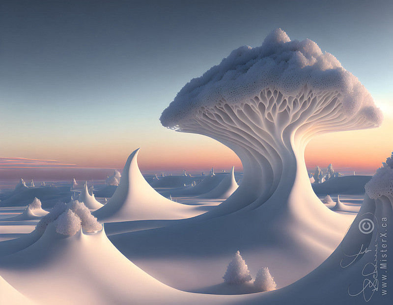 A snowy scene under a cold winter sky, with drifts and a half covered frosted over tree.