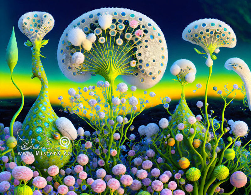Abstract flowers se against a psychedelic yellow, lime green, and blue sky.