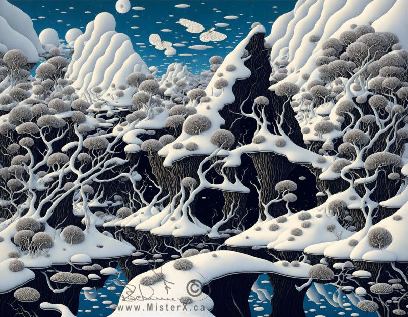 A blue sky with scattered clouds sits above a busy snow covered landscape of mountains and trees.