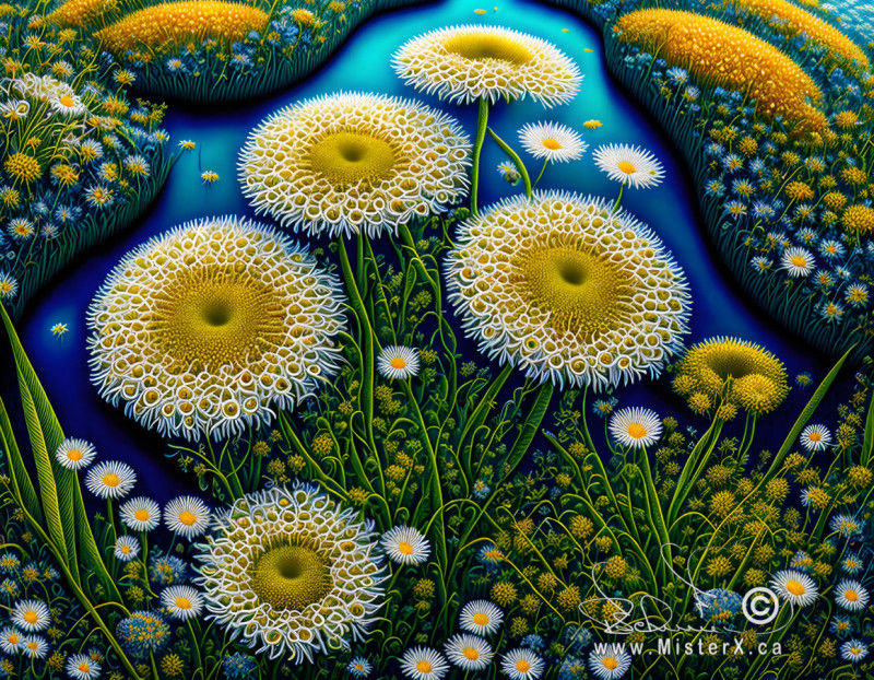 A strange combination of the three flowers sit in the center, surrounded by smaller flowers and a pond can be seen above them.