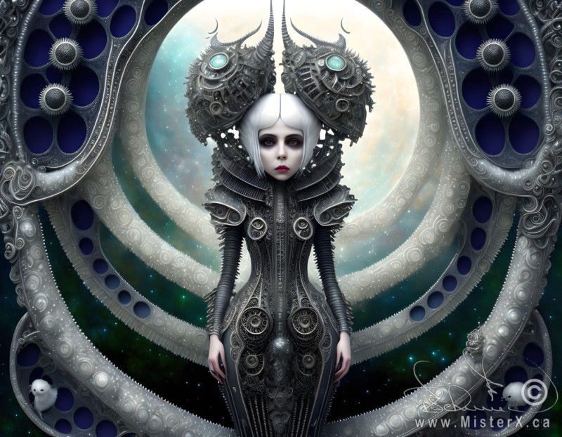 A sci-fi scene of a white haired girl in a tight grey suit of some kind. Behind her are rounded shapes and 2 ferrets hiding in them.