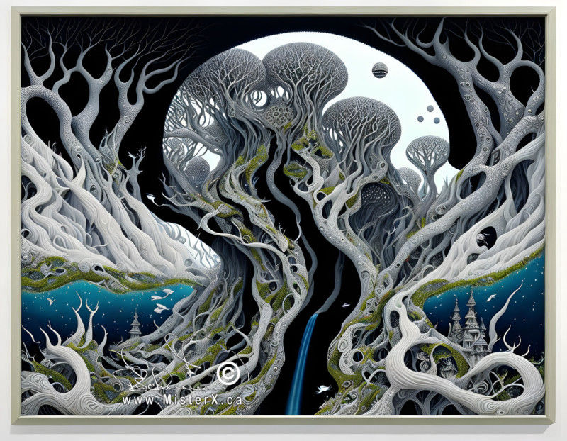 A framed picture filled with twisted gray trees and buildings off in the distance. The center group of trees have a waterfall coming out of the them.
