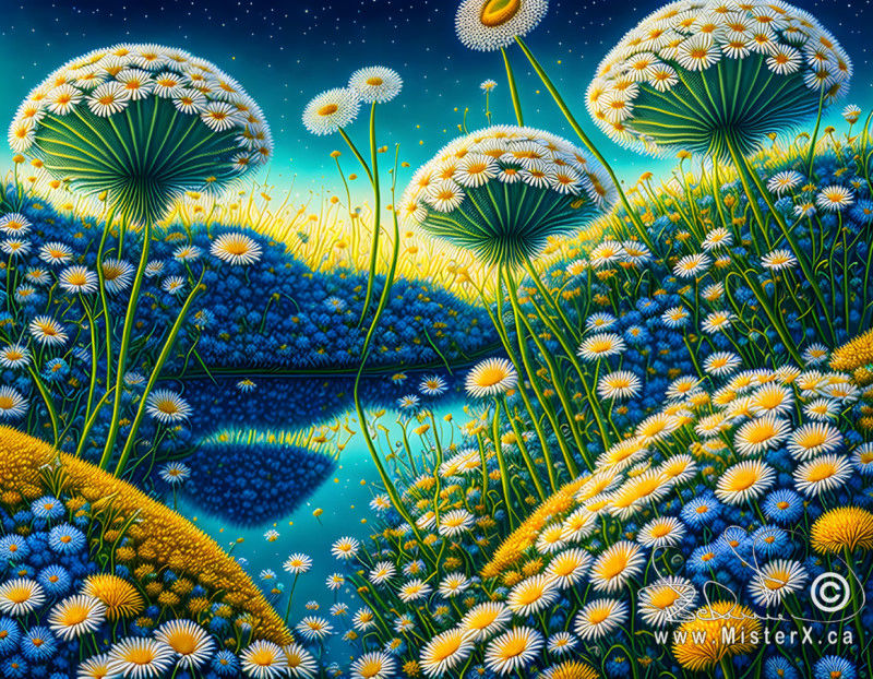 A colorful picture of Daisies and Dandelions and a mixture of the two. Flower covered hills surround a pond under a colorful sky.