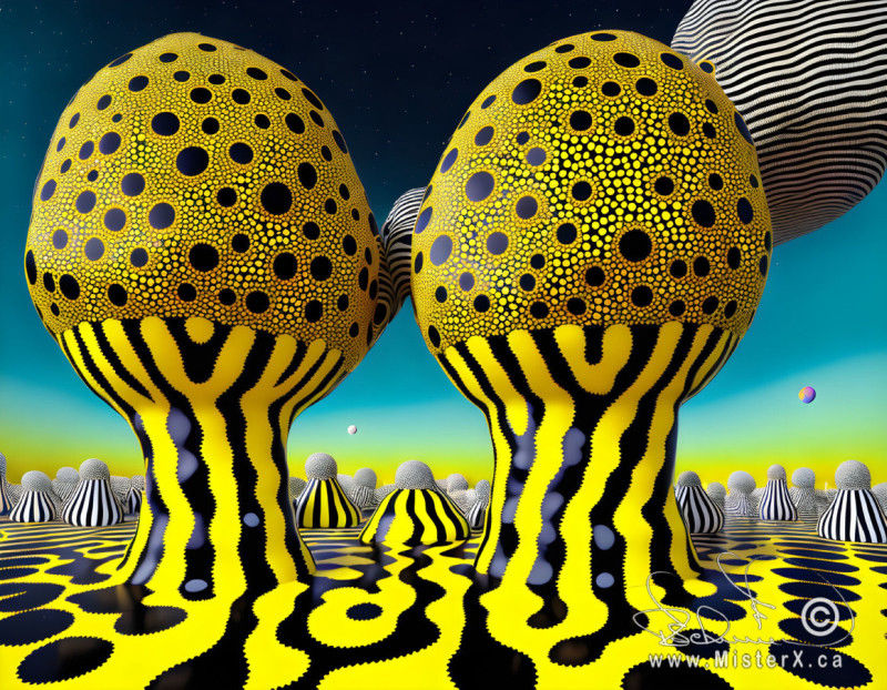 Two large yellow and black fungus-like structure have striped stems and polka dotted tops. Many smaller similar shapes can be seen going off into the distance.
