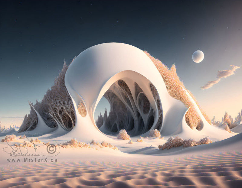 A sandy desert-like scene with an oddly shaped formation with an large opening in it. A changing gradient sky that is dark on top changing to light on the horizon.