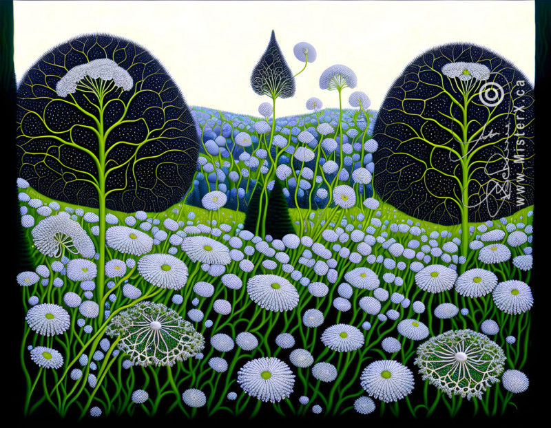 Flower fields under a pure white sky with a black tree set on both right and left sides of the picture.