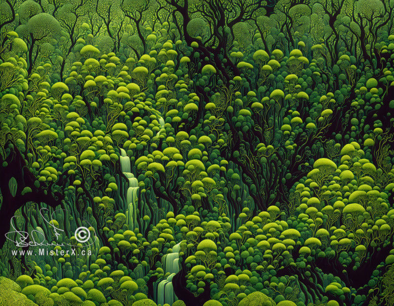 Black trunks can be seen through the very dense tree tops in this busy surreal scene of a rainforest.